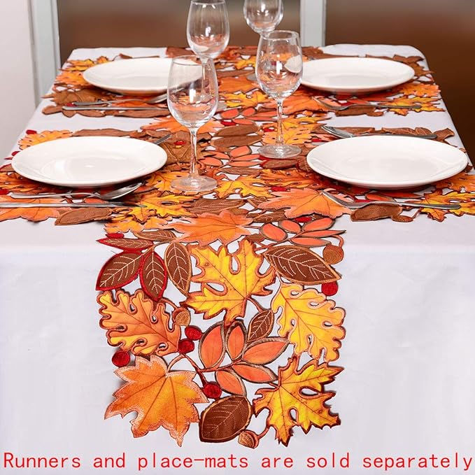 Simhomsen Embroidered Fall Leaves Table Runner for Thanksgiving, Autumn Harvest Decorations (14 × 88 inches)