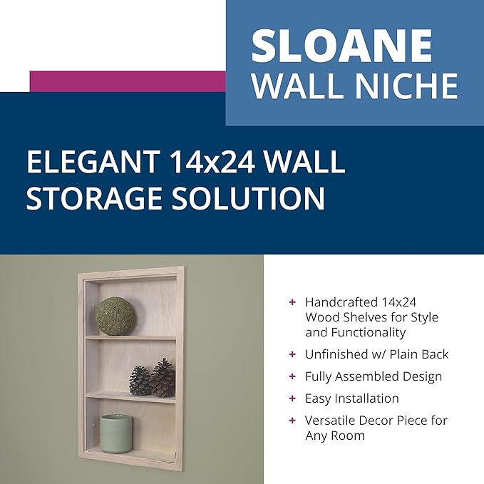 14x24 Sloane Recessed Wall Niche Medicine Cabinet Replacement, In the Wall Bathroom Cabinet Insert Shelf/Shelves, Made in North America, REAL WOOD, NO MDF, Unfinished Plain Back