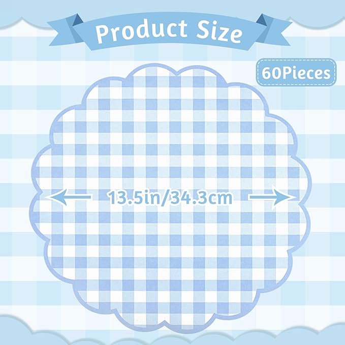 60 Pcs Blue and White Gingham Paper Placemats,13.5 Inch Scalloped Blue Checkered Place Mat Disposable Table Placemats Decorative Paper for Table Setting Baby Shower Wedding Bridal Banquet Tea Party