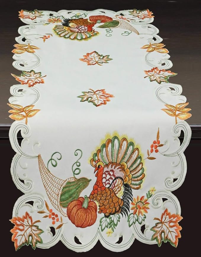 Creative Linens Fall Harvest Thanksgiving Table Runner 15x34, Embroidered Turkey Pumpkin Maple Leaf Sunflower Dresser Scarf Ivory Holiday Decoration
