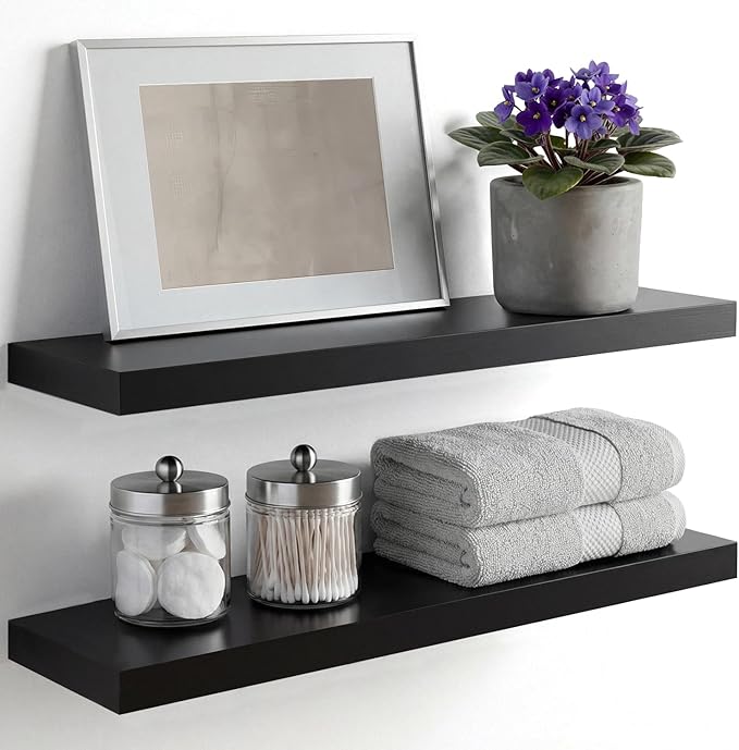 Homeforia Black Floating Shelves 24 inch, High End Solid Real Wood 24inch Bathroom Floating Shelf for Wall Mounted, Black Wooden 24in Floating Shelves, Heavy Duty Bracket, 24 X 6.5 X 1.75 in, Set of 4