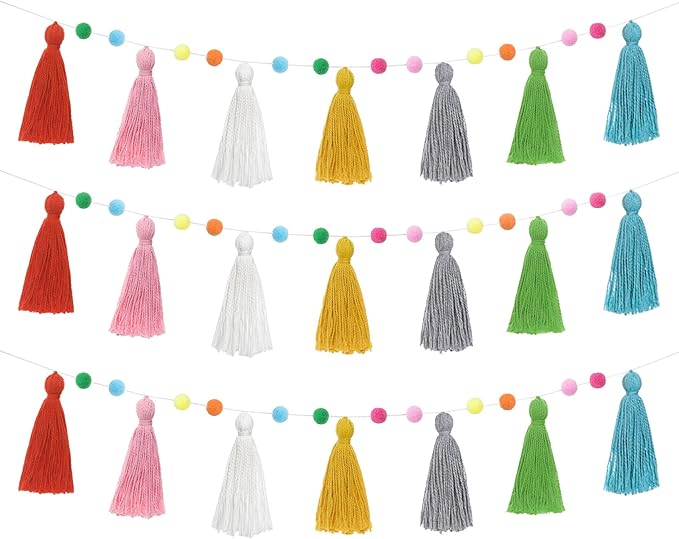 Mkono 3 Pack Tassel Garland Boho Pom Pom Felt Ball String Pastel Banner for Thanksgiving Christmas Birthday Party Decor, Rainbow Wall Hangings for Classroom, Nursery, Kids Girls Bedroom, Baby Shower