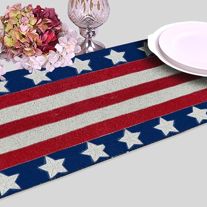 Decozen Patriotic Table Runner - 4th of July American Flag Freedom Stars Independence and Memorial Day for Holiday Kitchen Dining Table Home Decor - 13x35 Inches