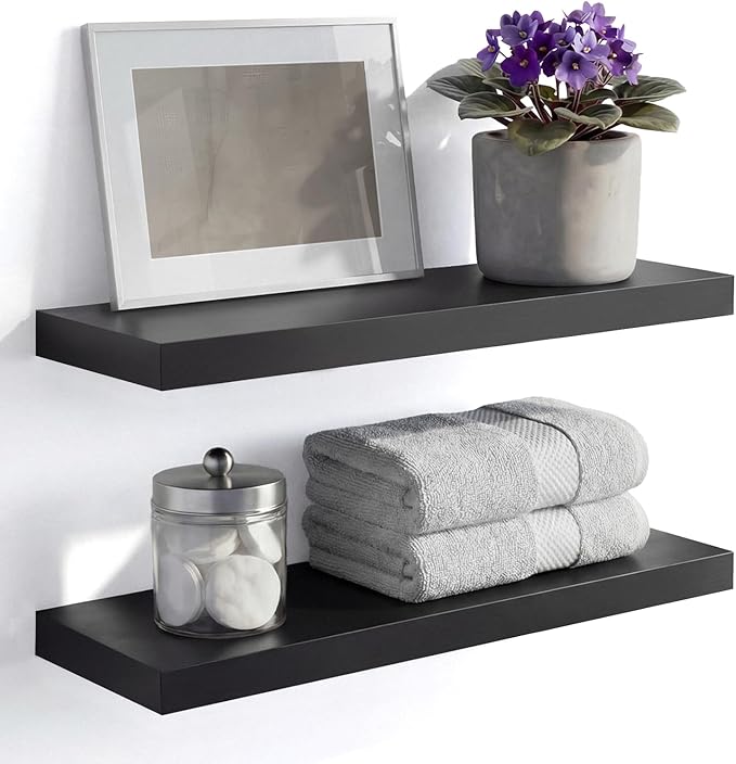 Homeforia Black Floating Shelf 20 inch, High End Solid Real Wood 20inch Bathroom Floating Shelves for Wall Mounted, Black Wooden 20in Floating Shelves, Heavy Duty Bracket, 20 X 6.5 X 1.75 in, Set of 4