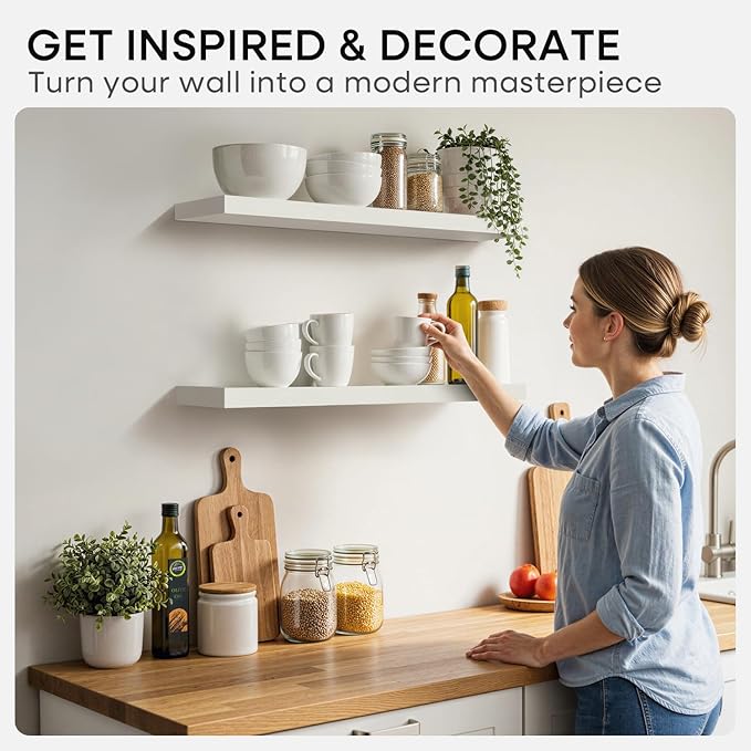 Homeforia White Floating Shelves 24 inch, High End Solid Real Wood 24inch Bathroom Floating Shelf for Wall Mounted, White Wooden 24in Floating Shelves, Heavy Duty Bracket, 24 X 6.5 X 1.75 in, Set of 4