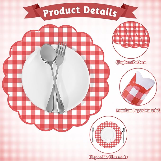 60 Pcs Red and White Gingham Paper Placemats,13.5 Inch Scalloped Checkered Place Mats Disposable Picnic Placemats Decorative Paper for Table Setting BBQ Baby Shower Wedding Bridal Banquet Tea Party