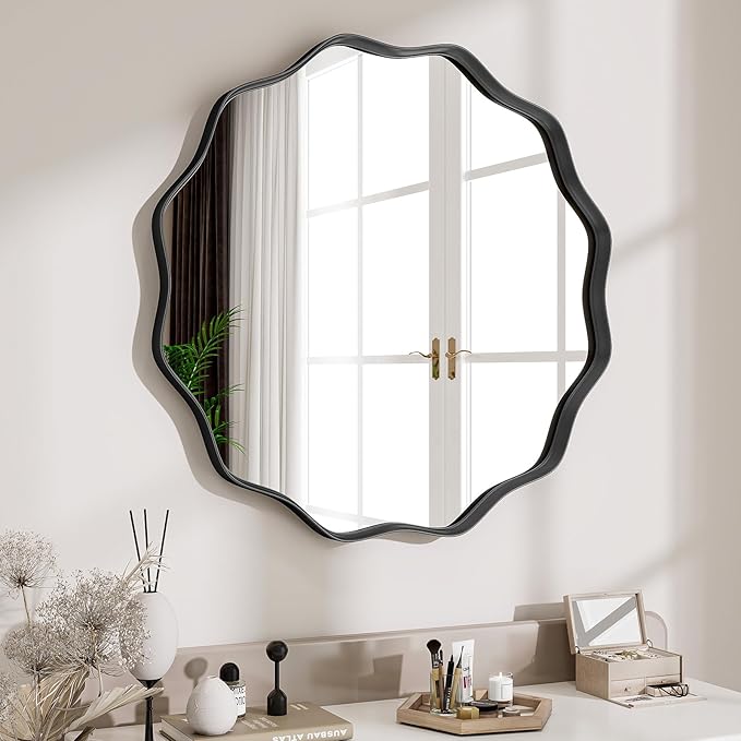 Round Wavy Mirror, 20 Inch Metal Frame Circle Mirror, Round Wall Mounted for Entryway, Bathroom, Vanity, Living Room, Black