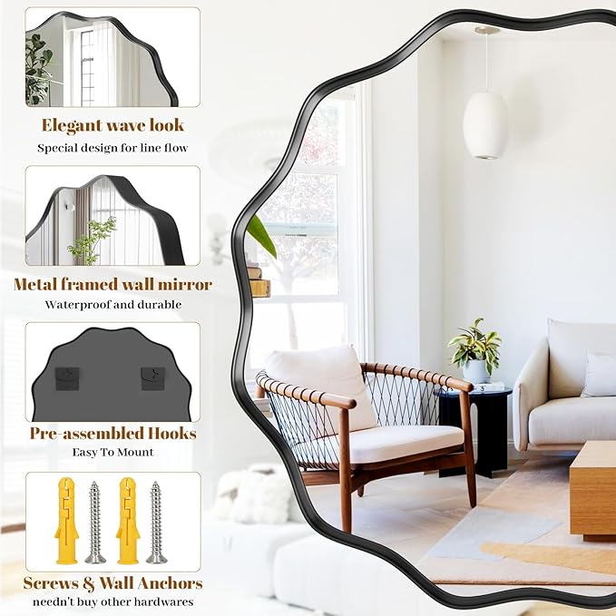 Wavy Round Mirror, 42 Inch Large Metal Frame Circle Mirror, Wall Mounted for Bathroom, Vanity, Entryway, Living Room, Black