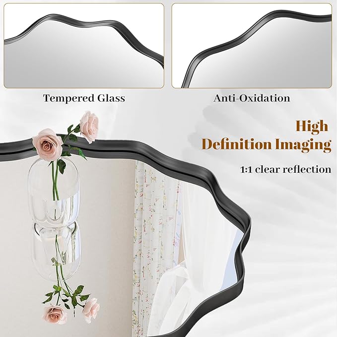 Round Wavy Mirror, 30 Inch Metal Frame Circle Mirror, Round Wall Mounted for Entryway, Bathroom, Vanity, Living Room, Black