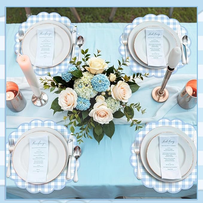 60 Pcs Blue and White Gingham Paper Placemats,13.5 Inch Scalloped Blue Checkered Place Mat Disposable Table Placemats Decorative Paper for Table Setting Baby Shower Wedding Bridal Banquet Tea Party