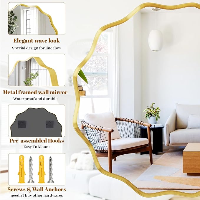 Wavy Round Mirror, 42 Inch Large Metal Frame Circle Mirror, Wall Mounted for Bathroom, Vanity, Entryway, Living Room, Gold