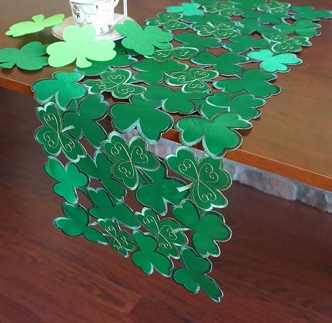 St. Patrick's Day Table Runner 13"x68" ,Applique Embroidered Cutwork Clover Design, Home Kitchen Dining Spring Holiday Tabletop Decoration