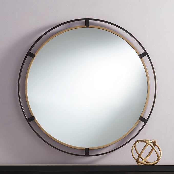 Uttermost Crest Round Vanity Decorative Wall Mirror Rustic Distressed Bronze Antiqued Gold Metal Ring Frame 34" Wide Decor for Bathroom Bedroom Living Room Home Office Entryway