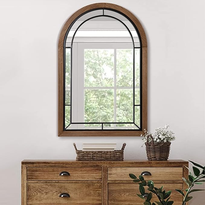 blue page 36x24 Inch Arched Wall Mirror, Farmhouse Rustic Wood Frame Decorative Mirror for Entryway, Bathroom Vanity and Living Room Wall Decor, Arch Brown