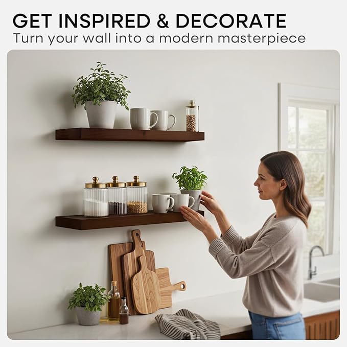 Homeforia Walnut 36 inch Floating Shelf, High End Solid Real Wood 36inch Large Shelves for Bathroom Wall, Dark Brown 36 inches Long Floating Shelves, Heavy Duty Bracket, 36 X 6.5 X 1.75 inch, Set of 2