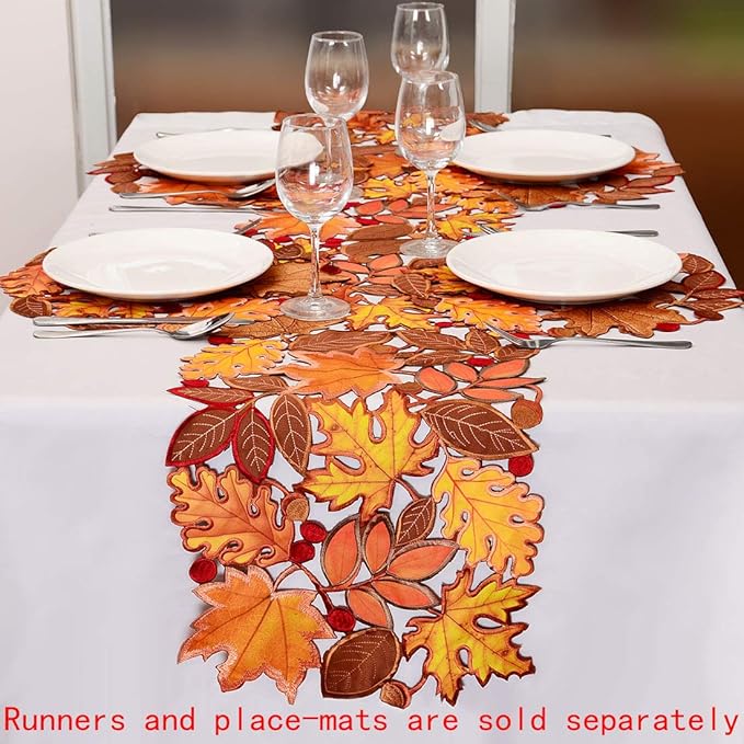 Simhomsen Embroidered Fall Leaves Table Runner for Thanksgiving, Autumn Harvest Decorations (14 × 54 inches)