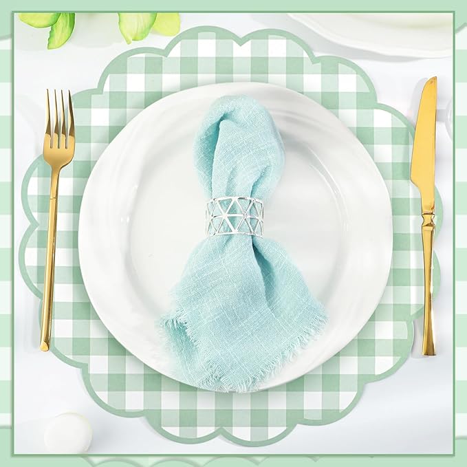 60 Pcs Sage Green Gingham Paper Placemats,13.5 Inch Scalloped Checkered Place Mats Disposable Placemat Decorative Paper for Table Setting BBQ Baby Shower Wedding Bridal Banquet Tea Party