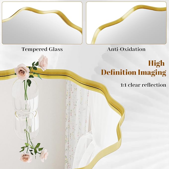 Wavy Round Mirror, 42 Inch Large Metal Frame Circle Mirror, Wall Mounted for Bathroom, Vanity, Entryway, Living Room, Gold