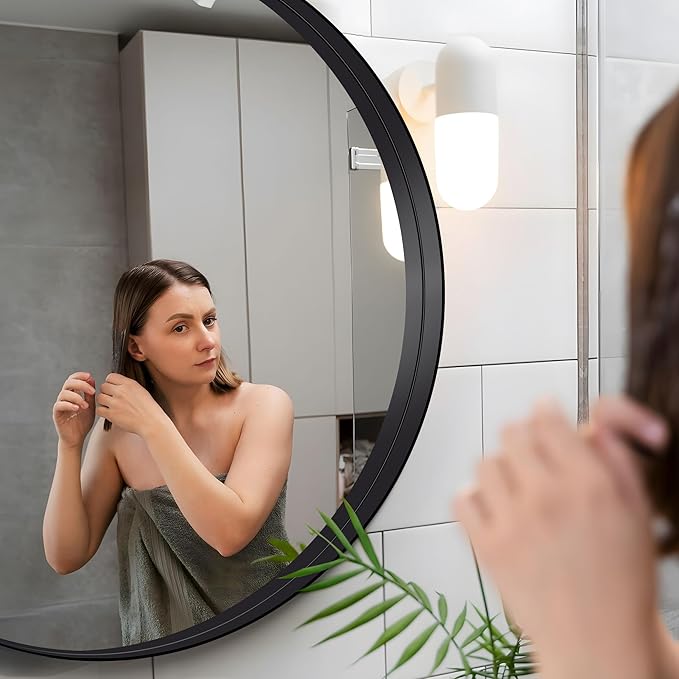Black Round Mirror 36 inch Deep Frame Circle Mirror, Metal Framed Bathroom Mirror, Round Vanity Mirror, Circle Mirrors for Wall Entryway Bedroom Living Room Hallway