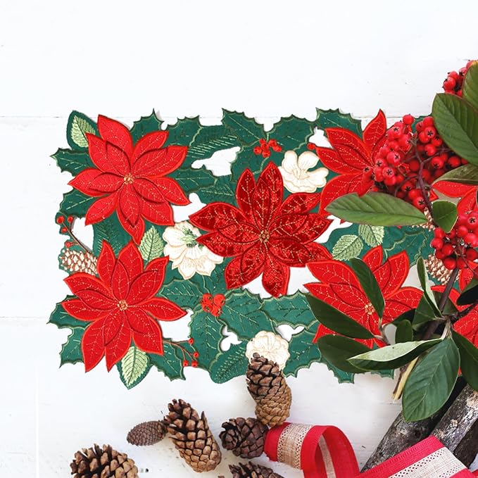 Christmas Table Runner 90 Inches Red Flower Poinsettia Velvet Short Embroidered Floral Xmas Decoration Festive Holiday Pine Cones Green Cutwork Dining Table Decor