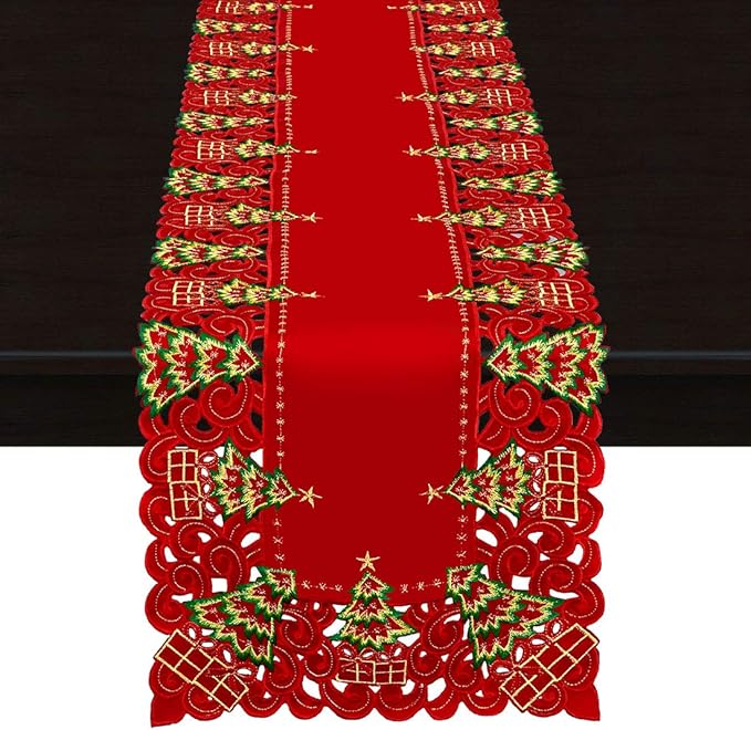 Grelucgo Embroidered Christmas Holiday Holly Tree Table Runner, Dresser Scarf, Rectangular 16 x 54 Inch
