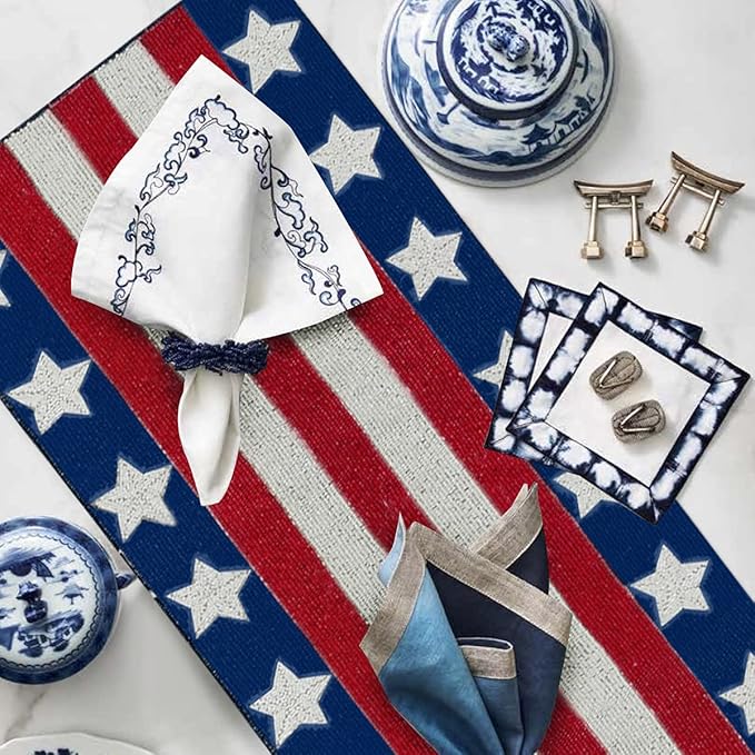 Decozen Patriotic Table Runner - 4th of July American Flag Freedom Stars Independence and Memorial Day for Holiday Kitchen Dining Table Home Decor - 13x35 Inches