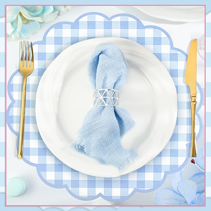 60 Pcs Blue and White Gingham Paper Placemats,13.5 Inch Scalloped Blue Checkered Place Mat Disposable Table Placemats Decorative Paper for Table Setting Baby Shower Wedding Bridal Banquet Tea Party