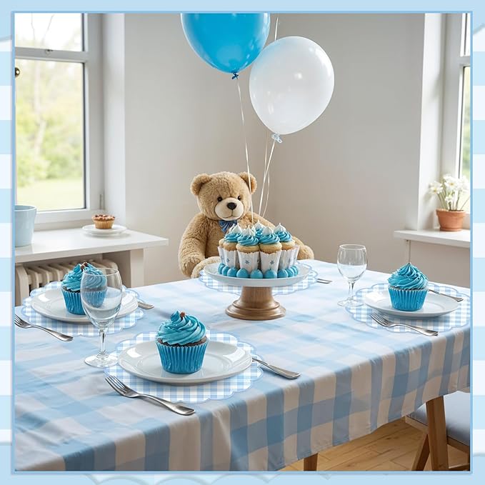 60 Pcs Blue and White Gingham Paper Placemats,13.5 Inch Scalloped Blue Checkered Place Mat Disposable Table Placemats Decorative Paper for Table Setting Baby Shower Wedding Bridal Banquet Tea Party