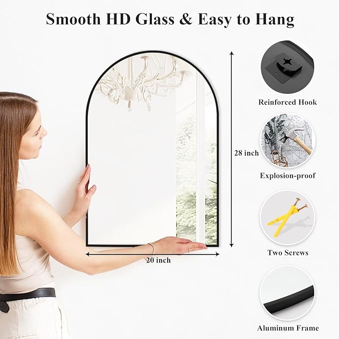 Fabuday Black Arch Bathroom Mirror for Wall - 20x28 Arched Mirror for Over Sink, Metal Framed Mirror for Hanging in Living Room, Bedroom, Entryway, Hallway