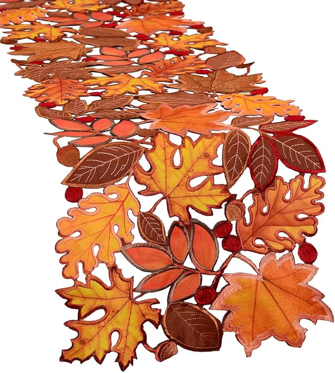 Simhomsen Embroidered Fall Leaves Table Runner for Thanksgiving, Autumn Harvest Decorations (14 × 156 inches)