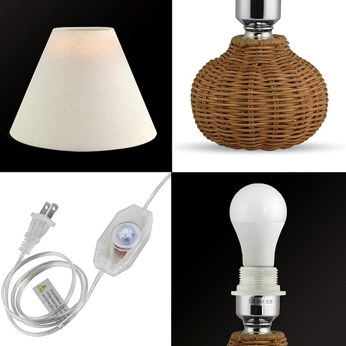 11" Small Mini Wicker Table Lamp, Dimmable Rattan Bamboo Lamp with Off-White Fabric Shade, Boho Accent Light for Nightstand, Nursery, Small Spaces, Kitchen Counter, Bookshelf