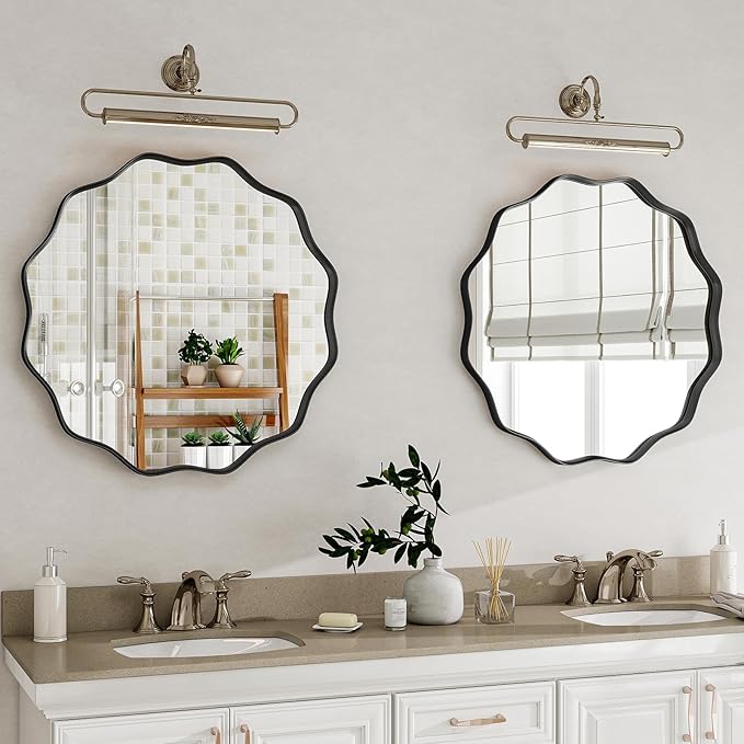 Round Wavy Mirror, 20 Inch Metal Frame Circle Mirror, Round Wall Mounted for Entryway, Bathroom, Vanity, Living Room, Black