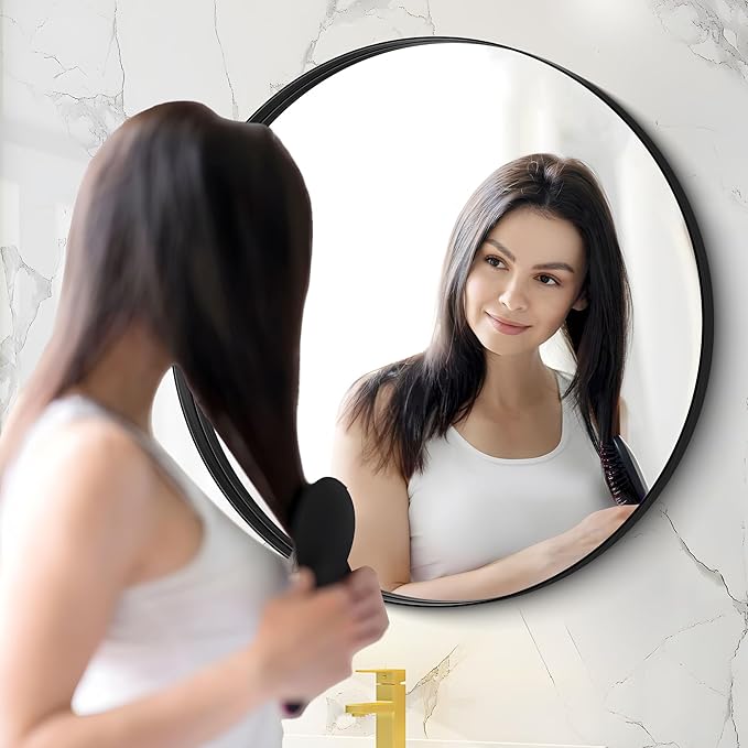 Black Round Mirror 22 inch Deep Frame Circle Mirror, Metal Framed Bathroom Mirror, Round Vanity Mirror, Circle Mirrors for Wall Entryway Bedroom Living Room Hallway