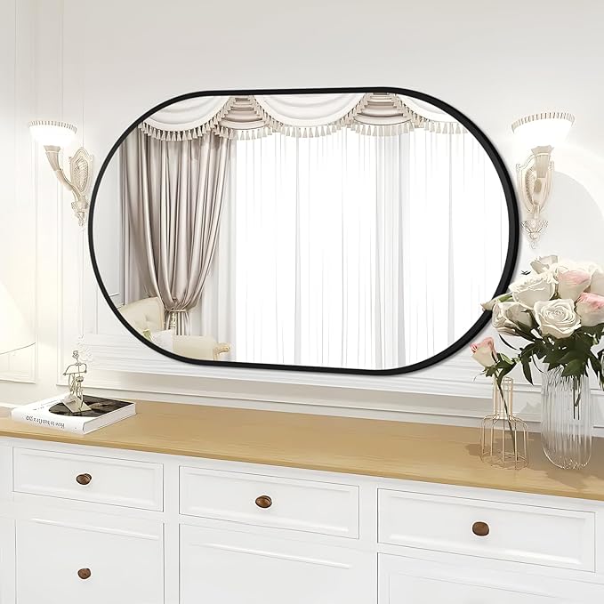 Fabuday Black Oval Bathroom Mirror for Wall - 24x36 Metal Framed Vanity Mirror for Over Sink, Big Matte Oval Mirrors for Living Room, Bedroom, Hallway, Entryway Decor, Horizontally/Vertically