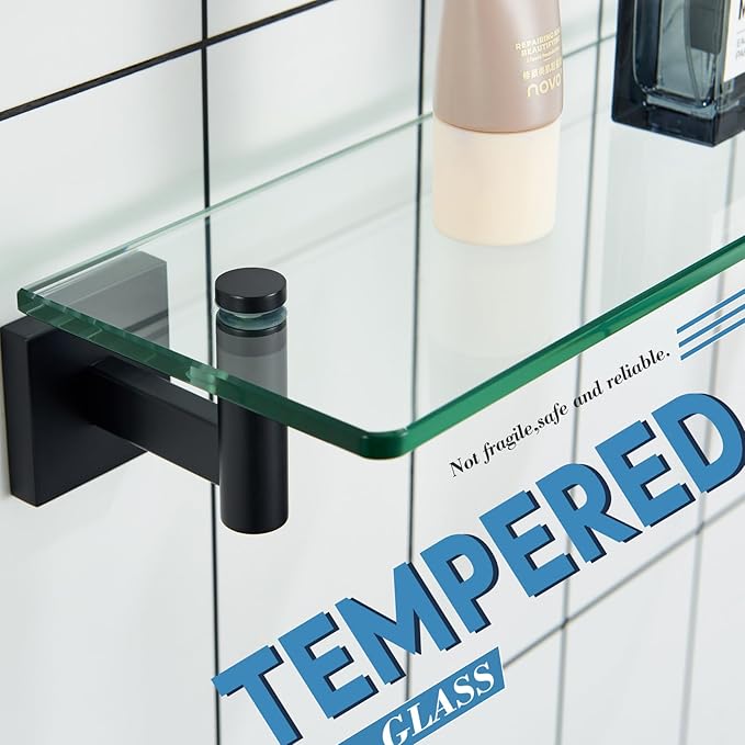 KOKOSIRI Bathroom Shelves Glass Floating Shelf 12-Inch for Bedroom Living Room Kitchen Hanging Rack Rustproof Wall Mounted Black 2 Pack B1105BK-L12-P2