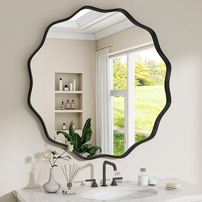 Round Wavy Mirror, 24 Inch Metal Frame Circle Mirror, Round Wall Mounted for Entryway, Bathroom, Vanity, Living Room, Black