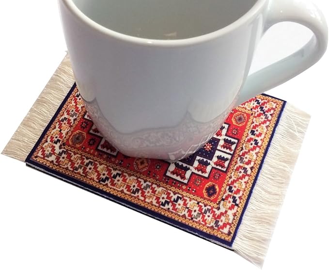 Turkish Rug Coasters Set of 4 – Carpet-Style Drink mats with Fringe, Non-Slip Backing, Decorative Home Accent | Dining Accessory