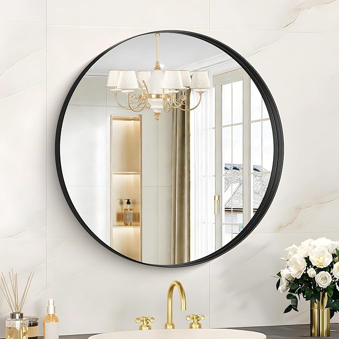 Black Round Mirror 22 inch Deep Frame Circle Mirror, Metal Framed Bathroom Mirror, Round Vanity Mirror, Circle Mirrors for Wall Entryway Bedroom Living Room Hallway
