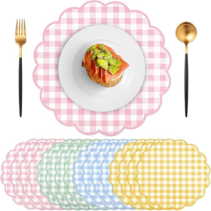 60 Pcs Pastel Gingham Paper Placemats,13.5 Inch Scalloped Checkered Placemat Disposable Tea Party Place Mats for Table Setting Baby Shower Wedding Bridal Banquet Birthday Decorations,4 Colors