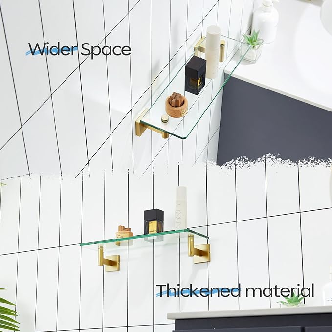 KOKOSIRI Wall Shelves Floating Shelf 16'' Gold Stainless Steel Bathroom Hardware Tempered Glass Hanging Rack Storage/Room Decor 2 Pack B1105BG-L16-P2