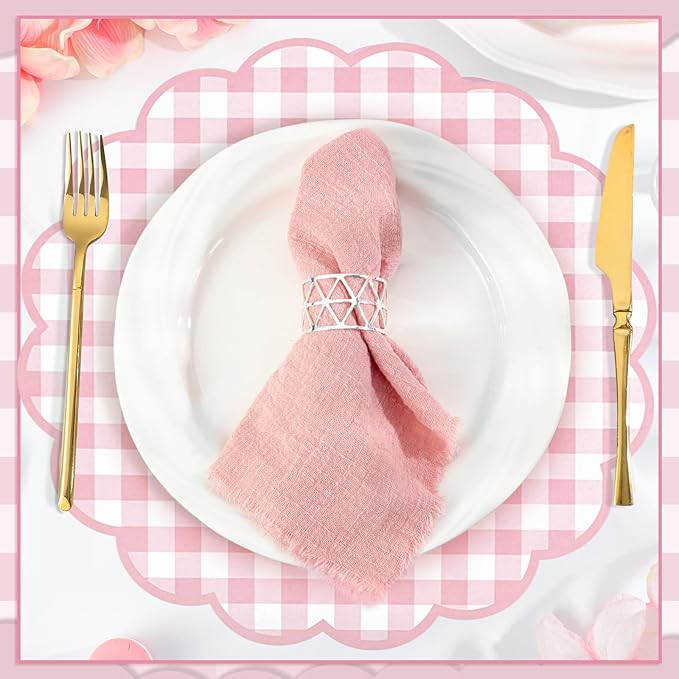 60 Pcs Pink and White Gingham Paper Placemat,13.5 Inch Scalloped Checkered Place Mats Disposable Mother's Day Table Placemats Decorative Paper for Anniversay Baby Shower Wedding Banquet Tea Party