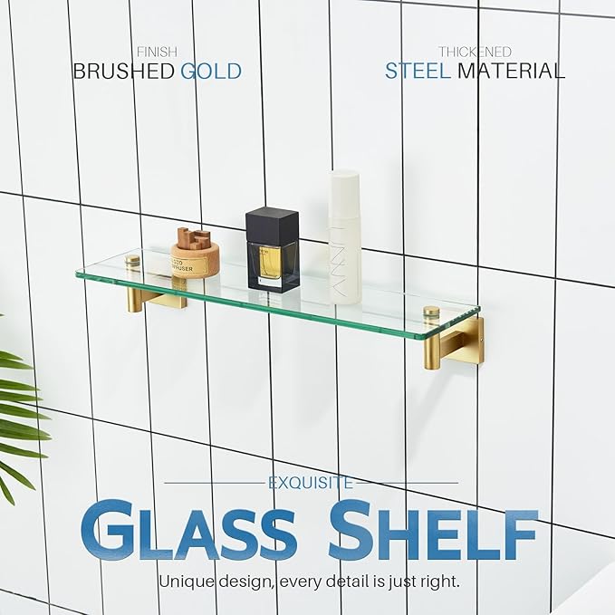 KOKOSIRI Wall Shelves Floating Shelf 20'' Gold Stainless Steel Bathroom Hardware Tempered Glass Hanging Rack Storage/Room Decor 2 Pack B1105BG-L20-P2