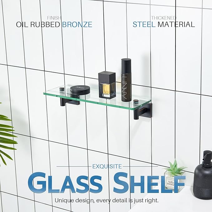 KOKOSIRI Wall Shelves Bathroom Hardware Glass Floating Shelf 16-Inch for Bedroom, Living Room, Kitchen, Hanging Rack Oil Rubbed Bronze B1105ORB-L16