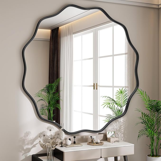 Wavy Round Mirror, 42 Inch Large Metal Frame Circle Mirror, Wall Mounted for Bathroom, Vanity, Entryway, Living Room, Black