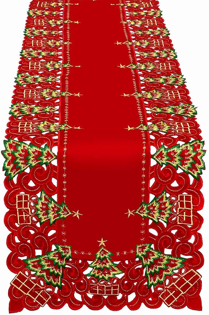 Grelucgo Small Embroidered Christmas Holiday Holly Tree Table Runner, Dresser Scarf, Rectangular 16 x 36 Inch