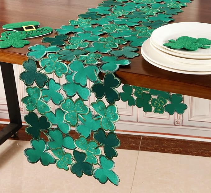 St. Patrick's Day Table Runner 13"x68" ,Applique Embroidered Cutwork Clover Design, Home Kitchen Dining Spring Holiday Tabletop Decoration