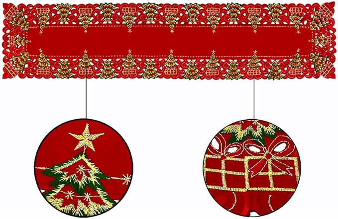 Grelucgo Embroidered Christmas Holiday Holly Tree Table Runner, Dresser Scarf, Rectangular 16 x 54 Inch
