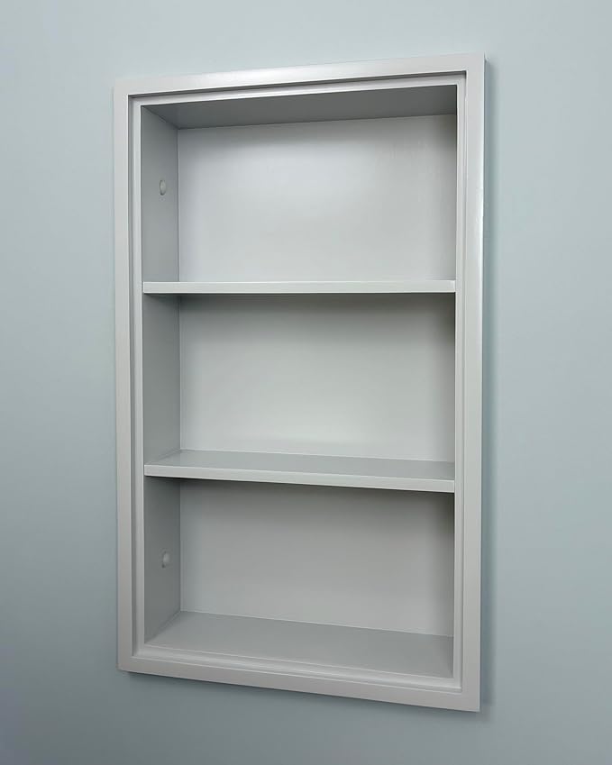 Fox Hollow Furnishings 14x24 Sloane Recessed Wall Niche Medicine Cabinet Replacement, in The Wall Bathroom Cabinet Insert Shelf/Shelves, Made in North America, Real Wood, NO MDF, Light Gray Plain Back