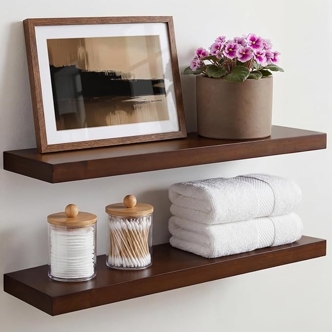 Homeforia 24inch Walnut Floating Shelves for Wall, High End Solid Real Wood 24in Floating Shelf for Bathroom, Dark Brown 24 inch Long Floating Shelves, Heavy Duty Bracket, 24 X 6.5 X 1.75 in, Set of 4