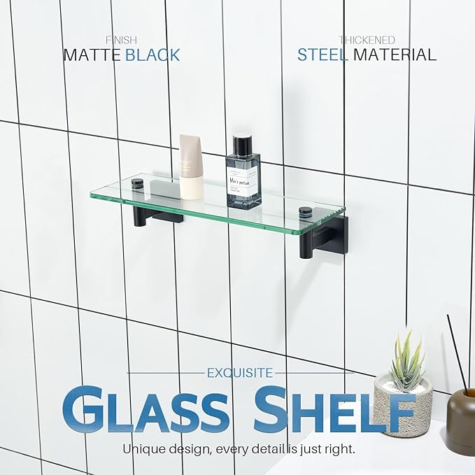 KOKOSIRI Bathroom Shelves Glass Floating Shelf 12-Inch for Bedroom Living Room Kitchen Hanging Rack Rustproof Wall Mounted Black 2 Pack B1105BK-L12-P2